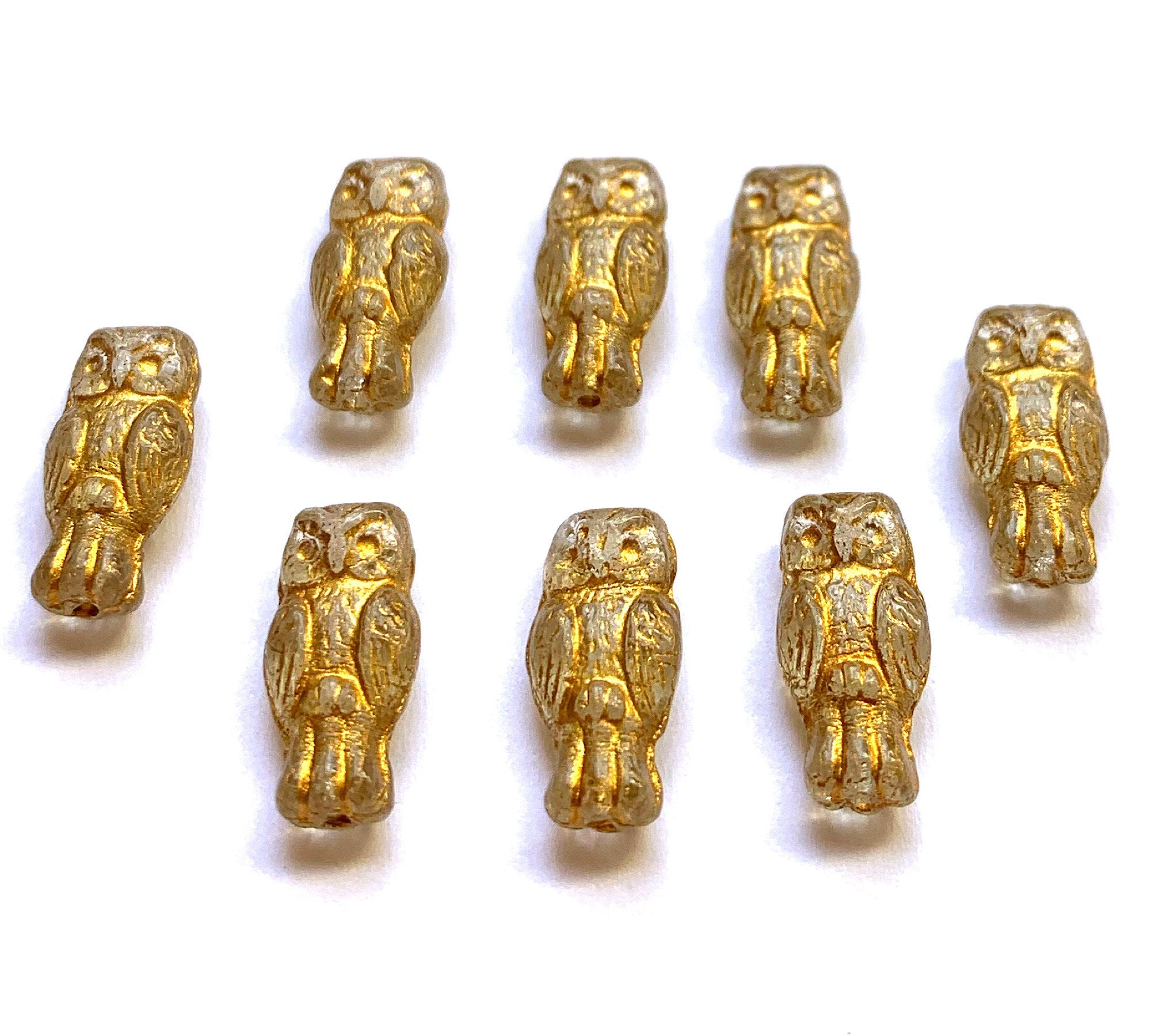 10 Czech glass owl beads - top drilled 7 x 15mm crystal clear with gold wash pressed glass beads C0093