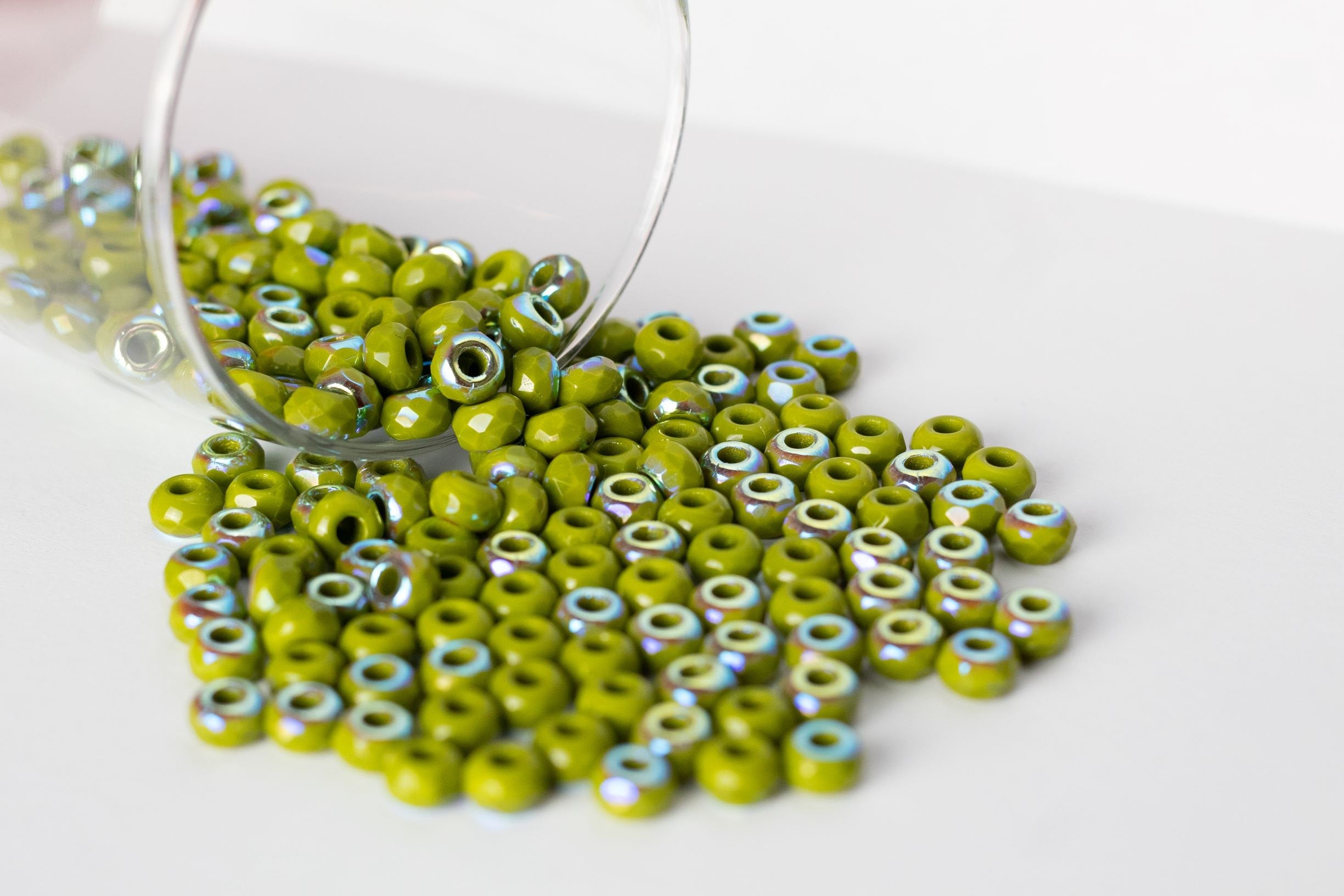 Ten Czech glass faceted rondelle beads - 6mm x 9mm opaque avocado green AB beads - big 3.38mm hole roller beads C0008