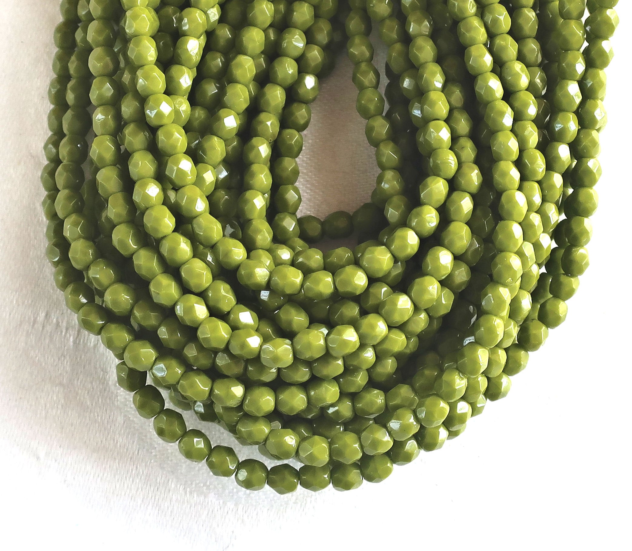 50 4mm Opaque Olive, Olivine Green Czech glass beads, fire polished, faceted round beads, C0076