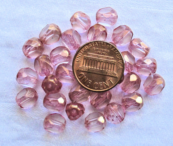 25 Tricut, Tri-cut Czech glass Round beads - pink with gold accents - 8mm - table cut faceted window beads - C61201 - Glorious Glass Beads