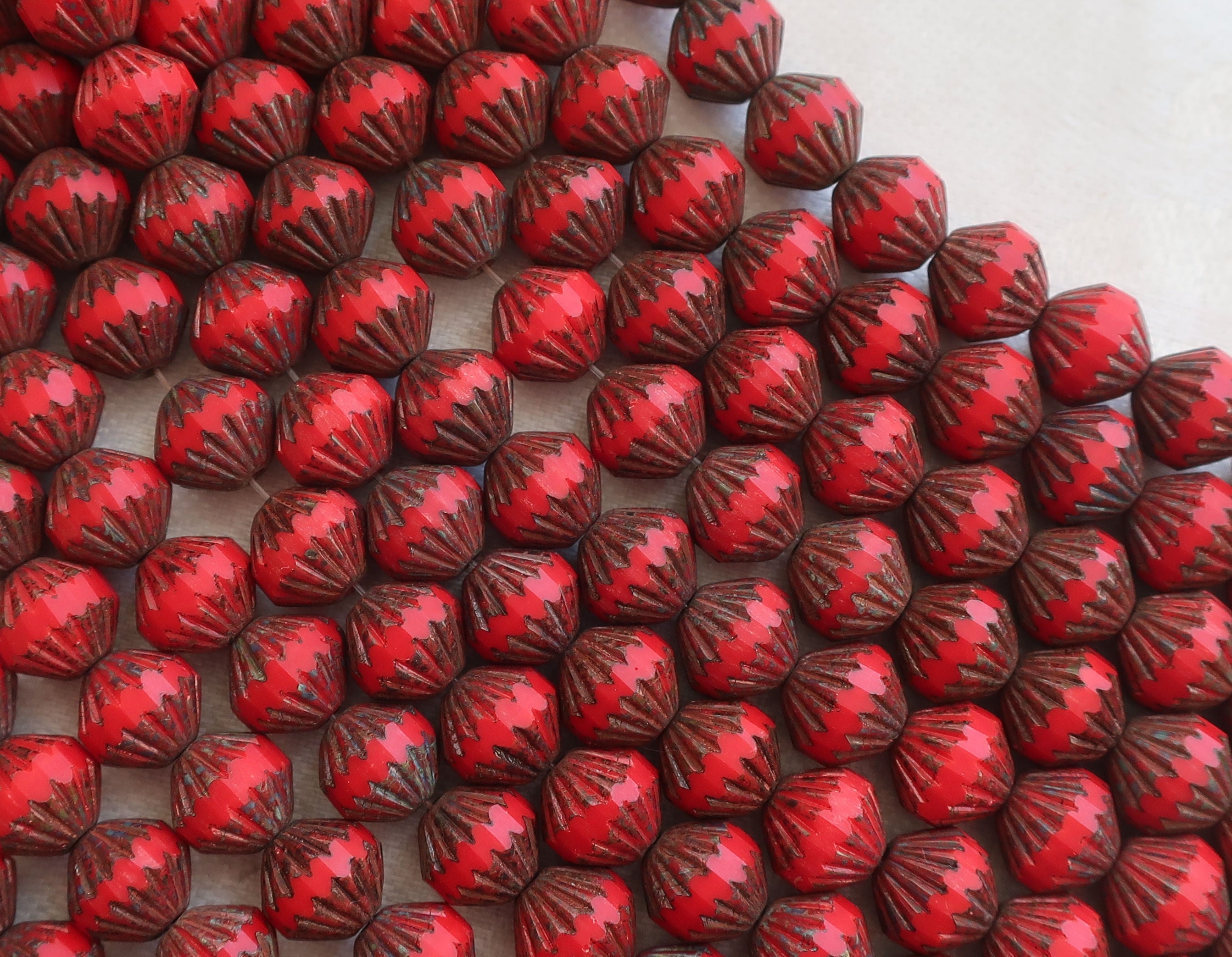 Lot of 15 9mm Opaque Red Picasso bicones, chunky, rustic, pressed glass Czech bicone beads, C94115