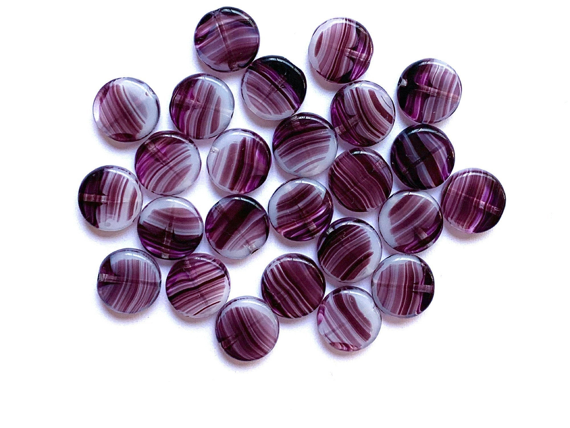 15 Czech glass coin beads - 10mm amethyst purple marbled, milky, striped disc beads C0057