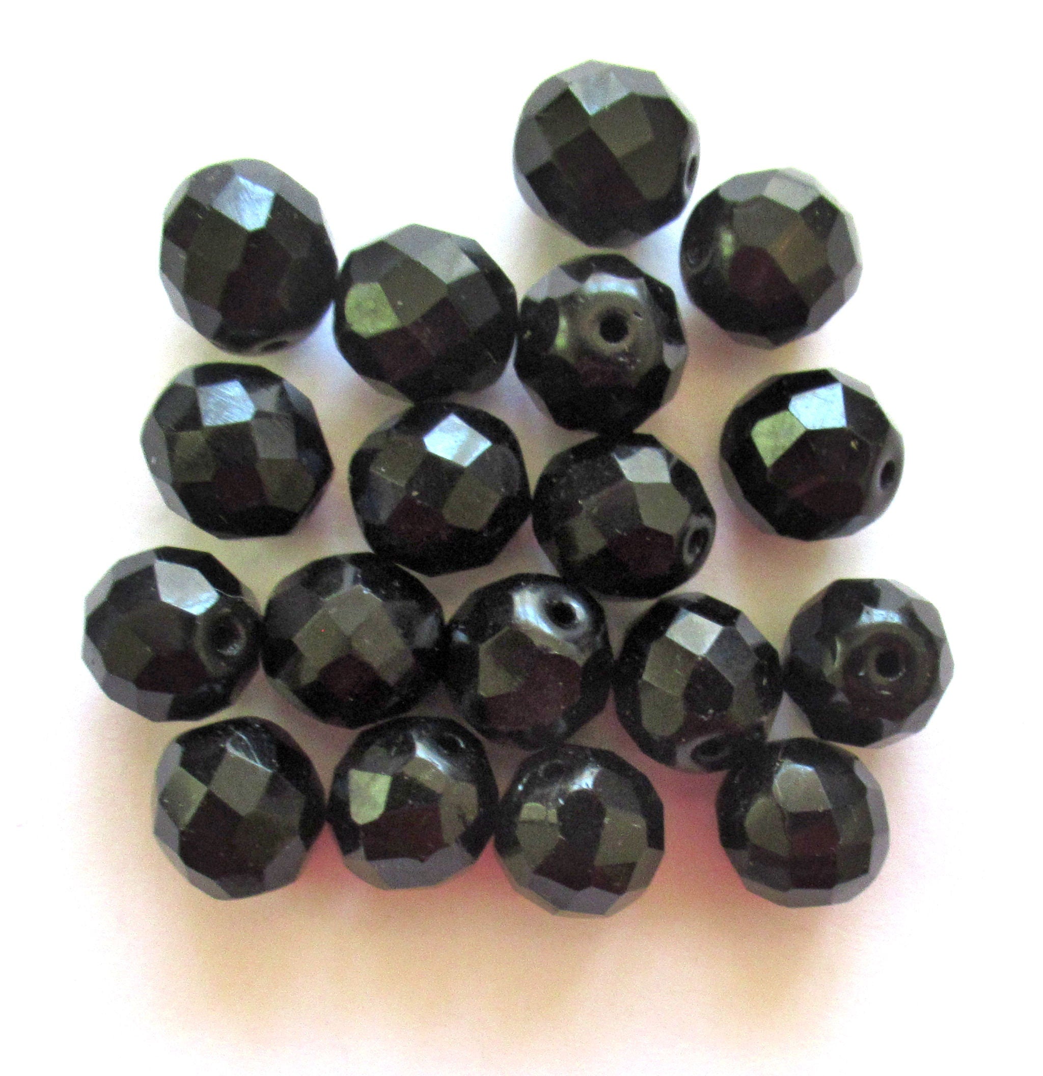 Ten Czech glass fire polished faceted round beads - 12mm jet black beads C0007