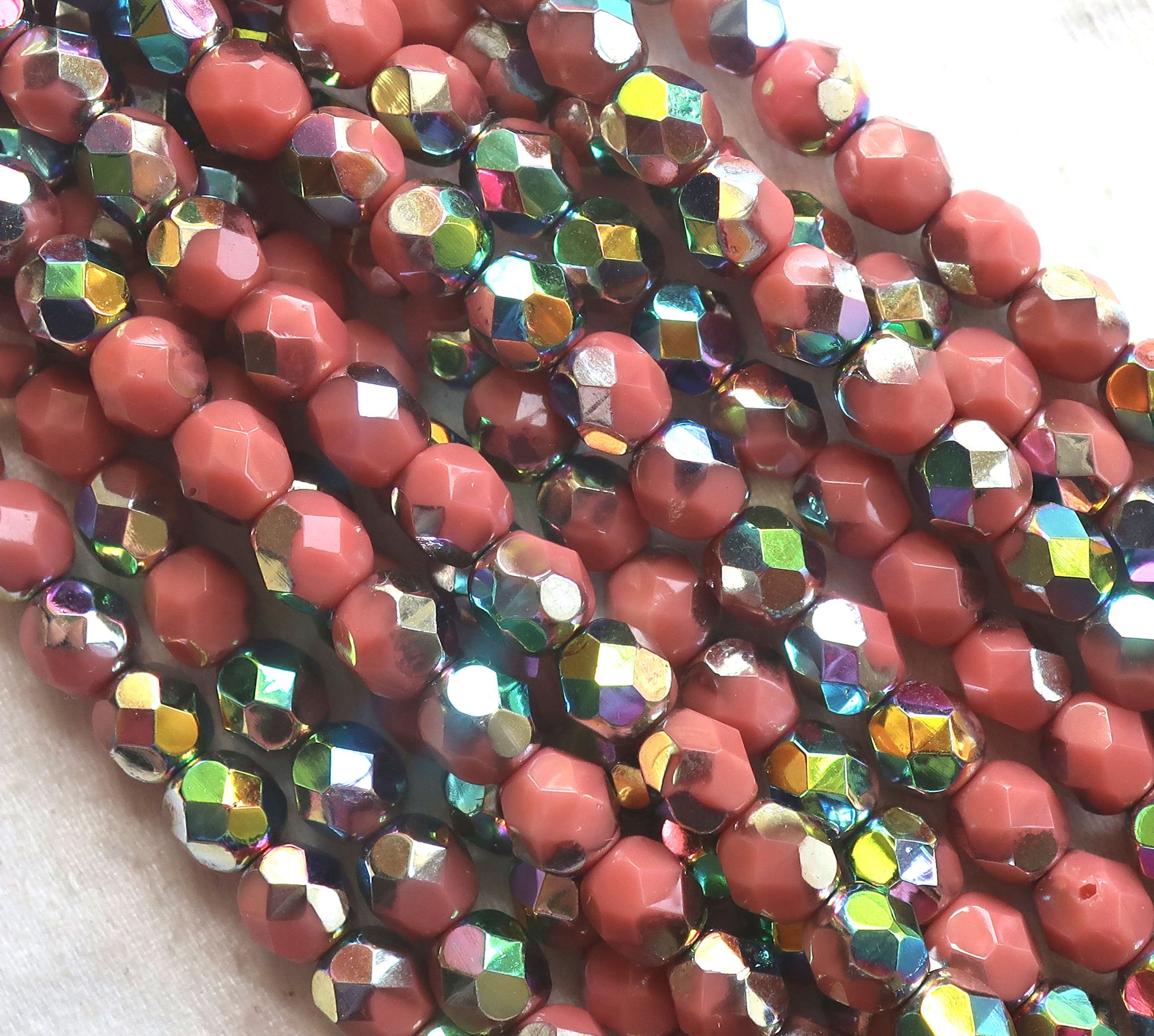Lot of 25 6mm Czech glass beads, opaque pink vitral firepolished, faceted round beads, C8725 - Glorious Glass Beads