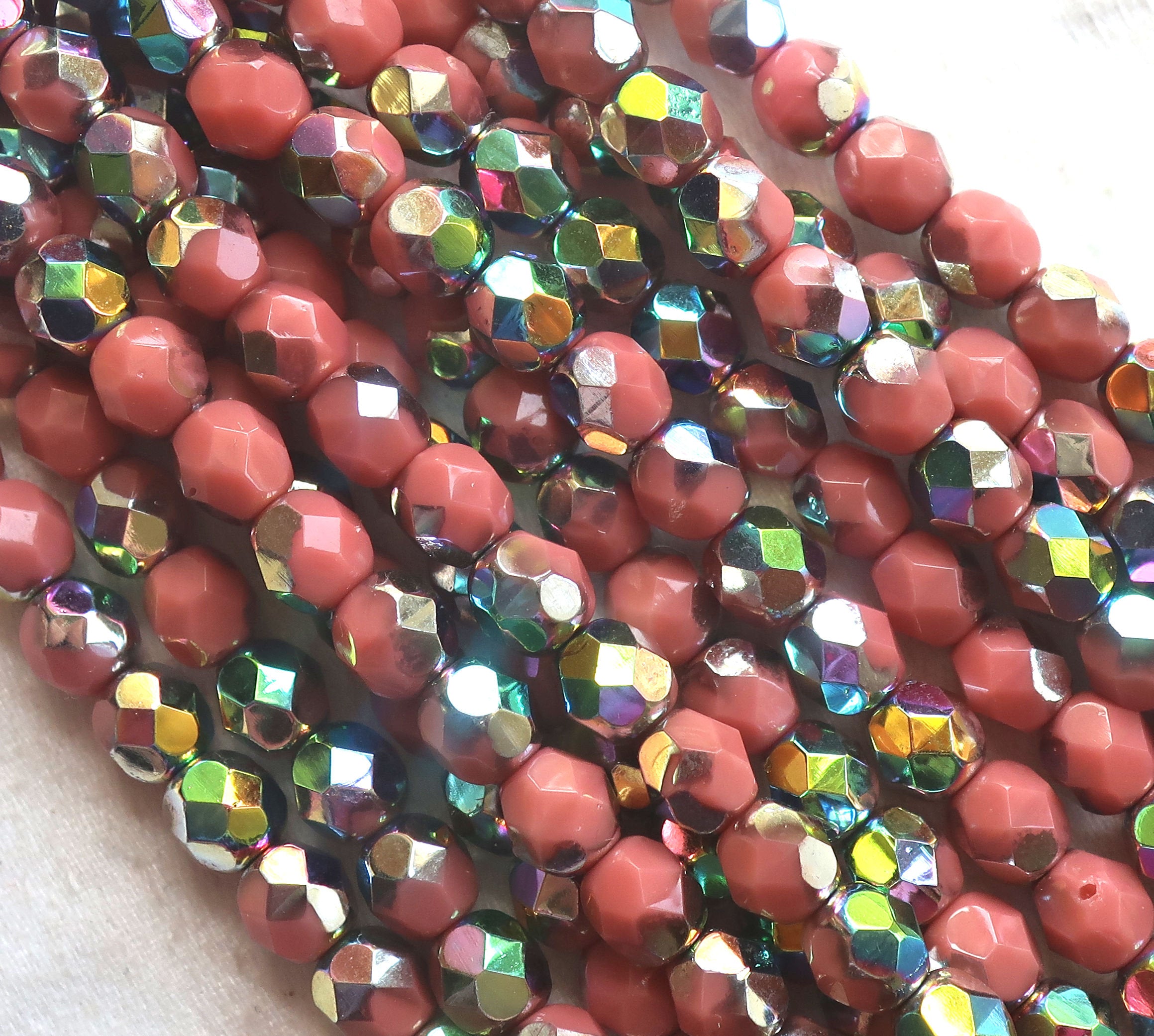 Lot of 25 6mm Czech glass beads, opaque pink vitral firepolished, faceted round beads, C8725 - Glorious Glass Beads