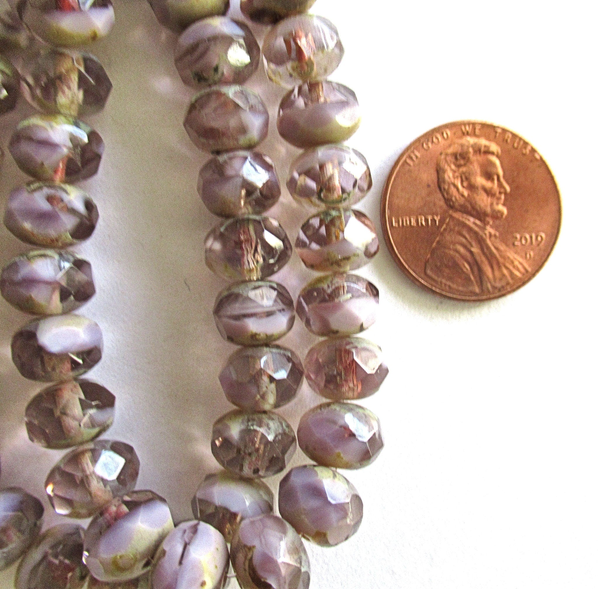25 Czech glass faceted puffy rondelles - 6 x 8mm transparent & opaque mix light amethyst purple / lavender picasso, rondelle beads 00591