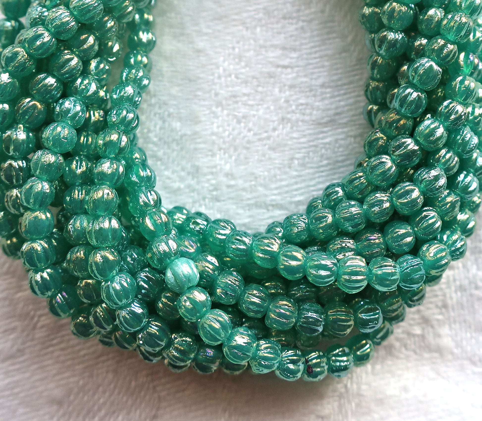 Lot of 100 Czech pressed glass melon beads - Luster Iris Atlantis Green - luster teal - luster viridian - C63101 - Glorious Glass Beads