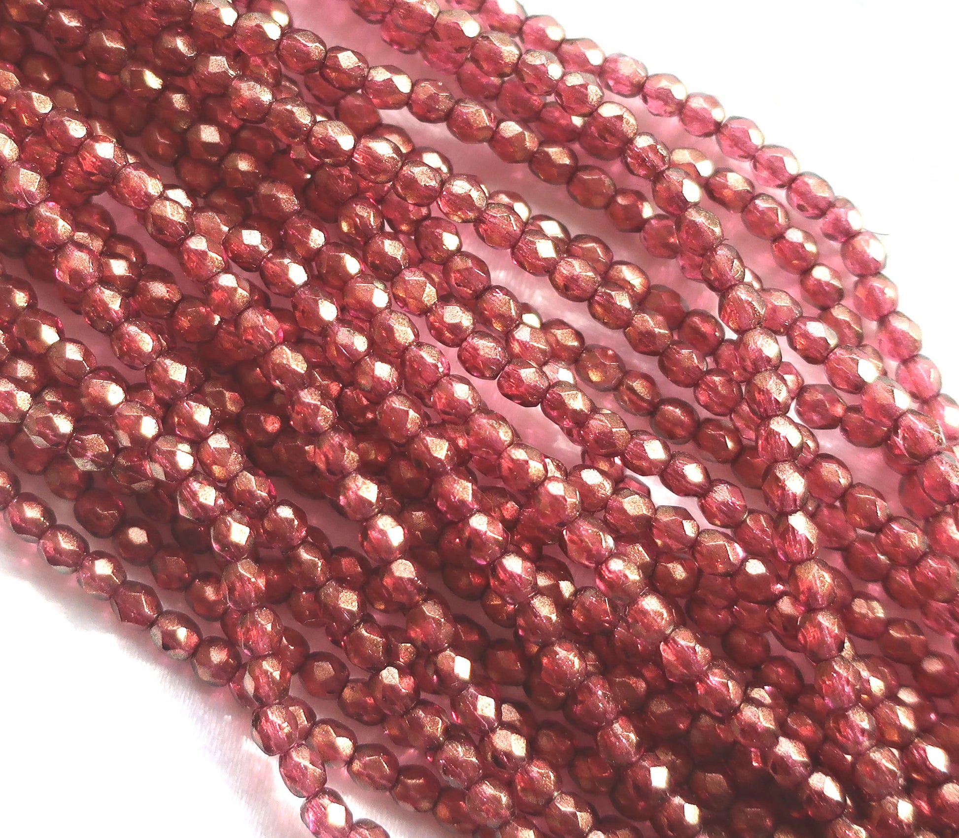 Lot of 50 3mm Halo Cherub Czech glass beads, pink firepolished, faceted round beads with a transparent gold finish, C8701 - Glorious Glass Beads