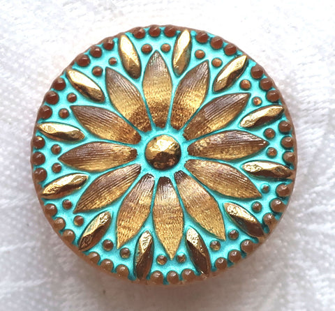 One Czech glass button , 30mm gold flower button with gold accents and a turquoise wash. golden decorative floral shank buttons C03301 - Glorious Glass Beads