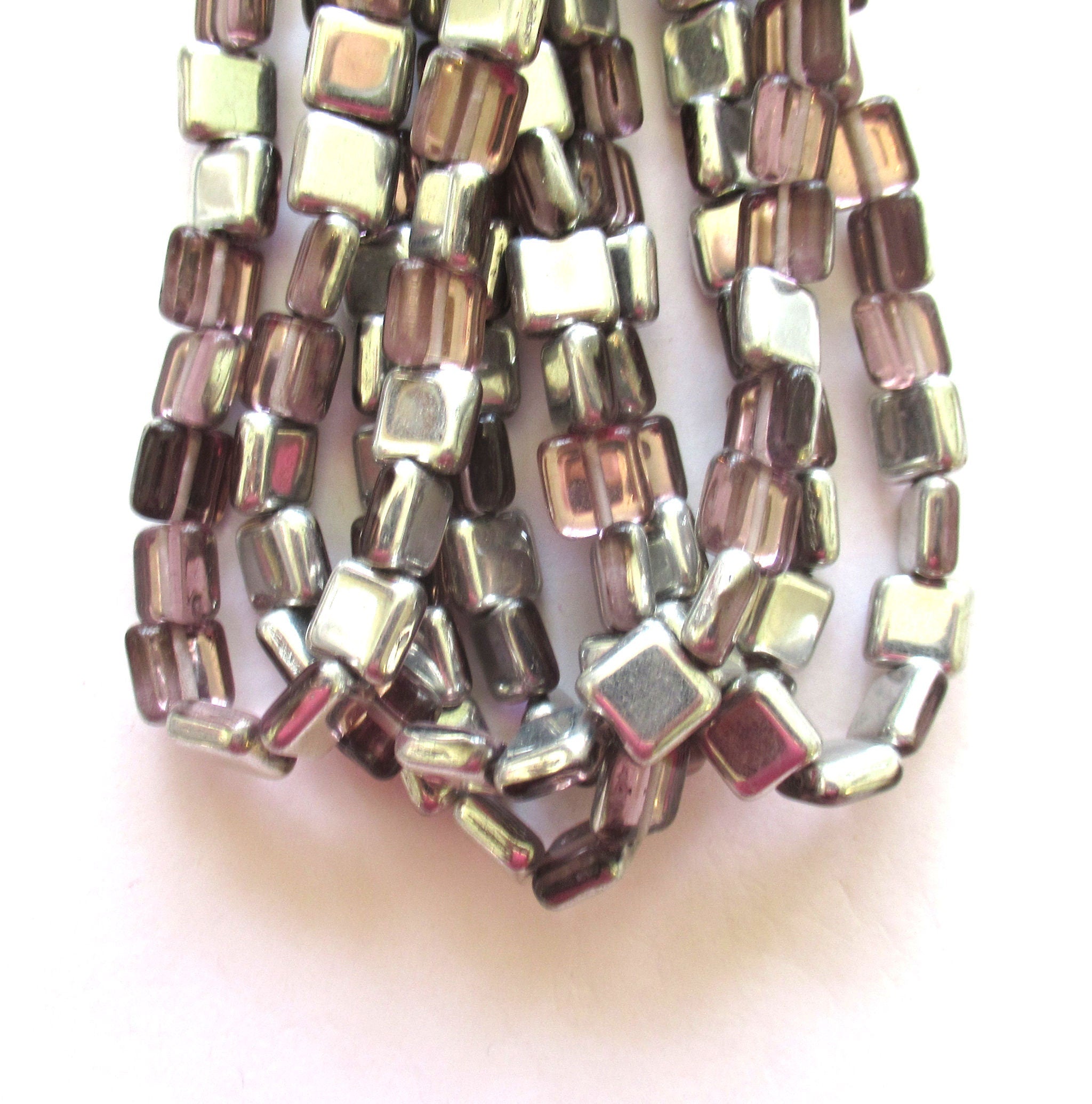 Lot of 30 8mm one hole flat square Czech glass beads - light amethyst / purple and silver beads - C00211