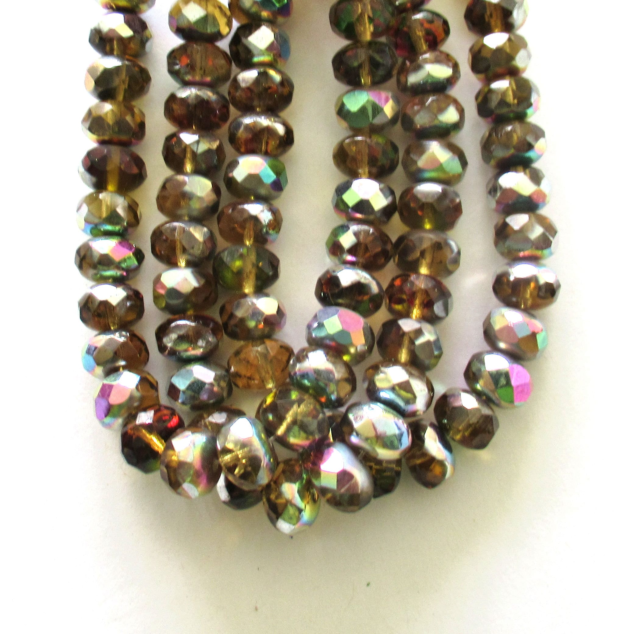 Lot of 30 Czech glass puffy rondelle beads - amber / topaz / brown vitral rondelles - 6 x 9mm fire polished faceted beads- 00012