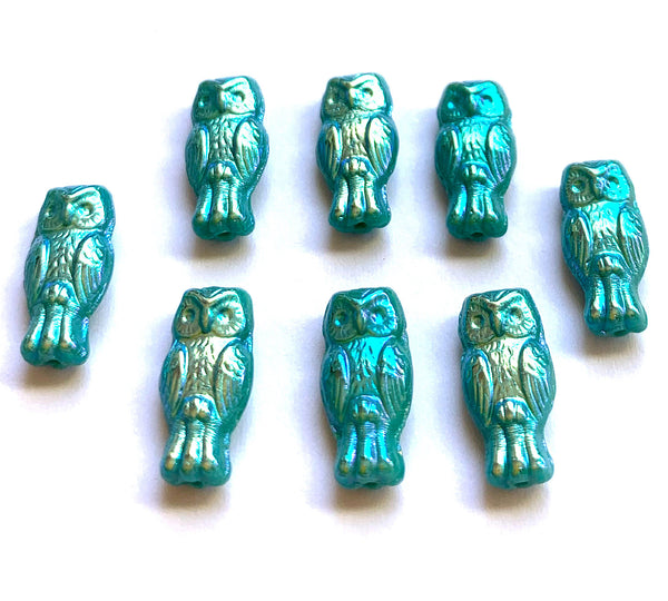 10 Czech glass owl beads - top drilled 7 x 15mm opaque turquoise green AB pressed glass beads C0067