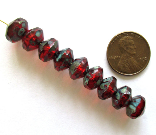 15 Czech glass faceted rivoli saucer beads - 7 x 11mm light garnet red picasso beads - rustic earthy beads C00433