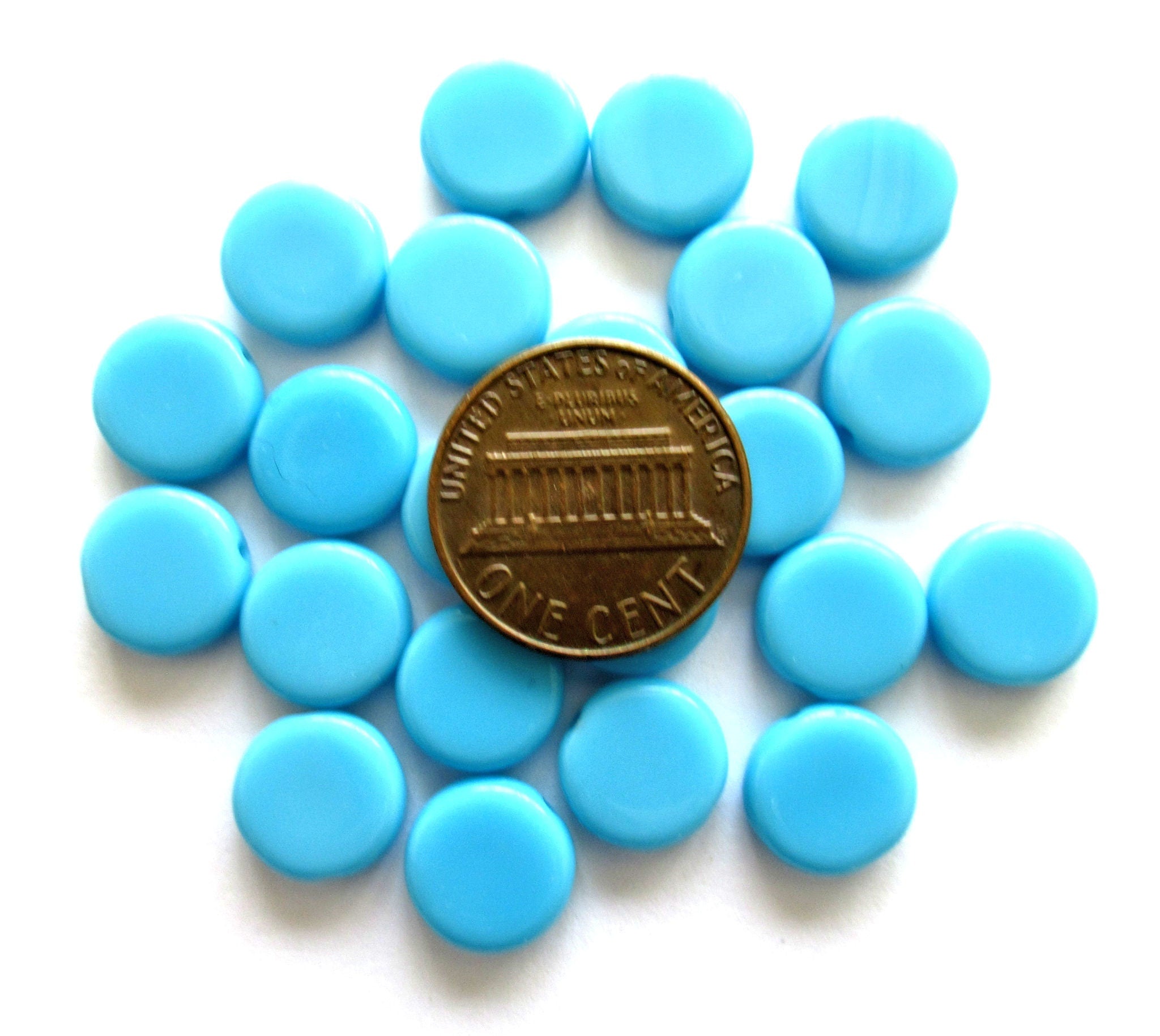15 Czech glass coin beads - 10mm opaque turquoise blue disc beads C0057