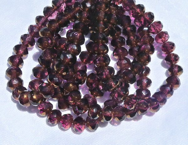 25 Czech glass faceted puffy rondelle beads - 5 x 7mm transparent & purple / amethyst with a bronze picasso finish rondelles C00201