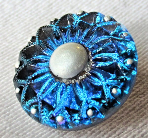 One 18mm Czech glass flower button, aqua blue sunflower with matte silver accents, decorative floral shank buttons 56101