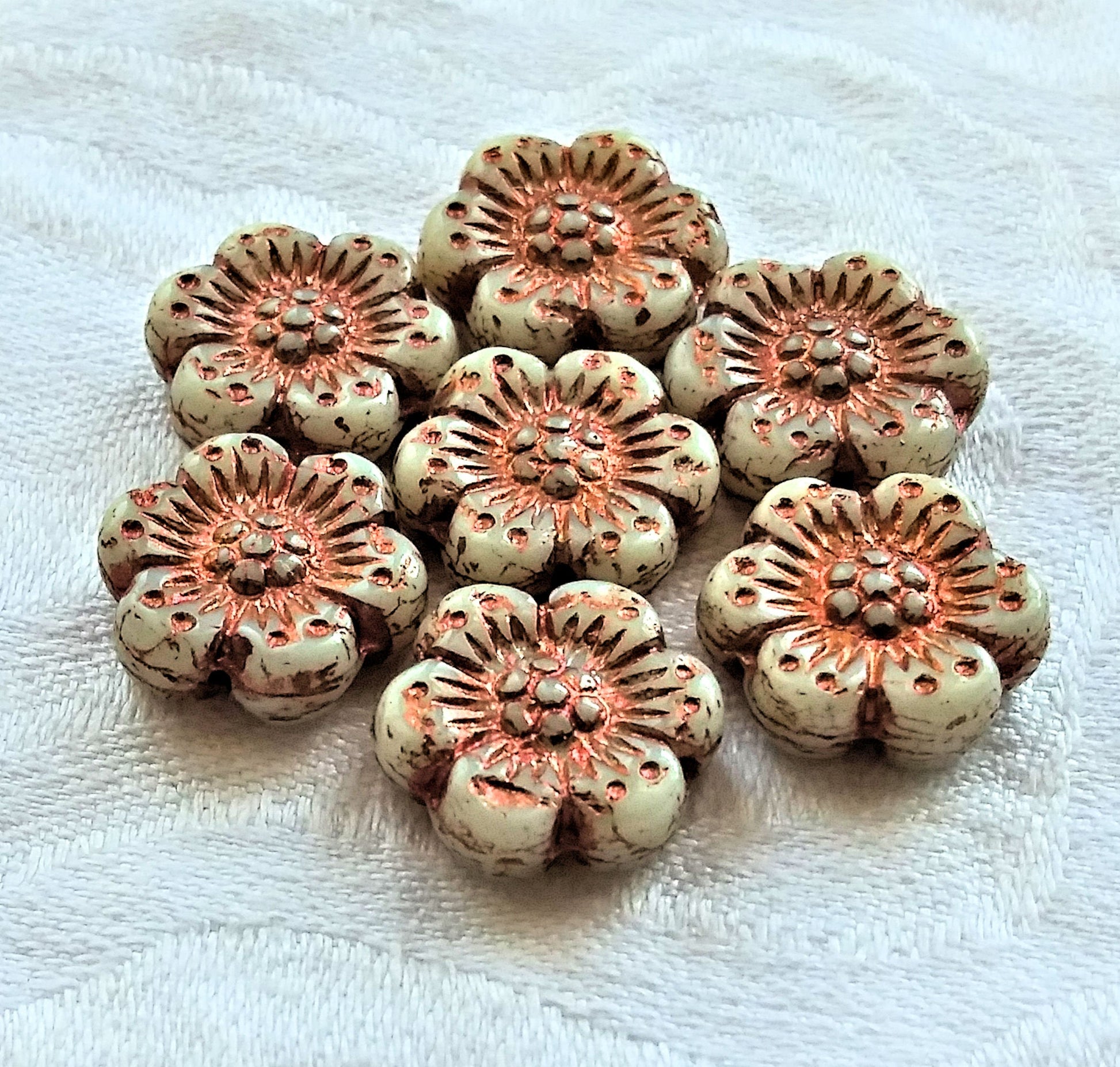 Twelve Czech glass wild rose flower beads - 14mm opaque off white floral beads with a copper wash C07105 - Glorious Glass Beads