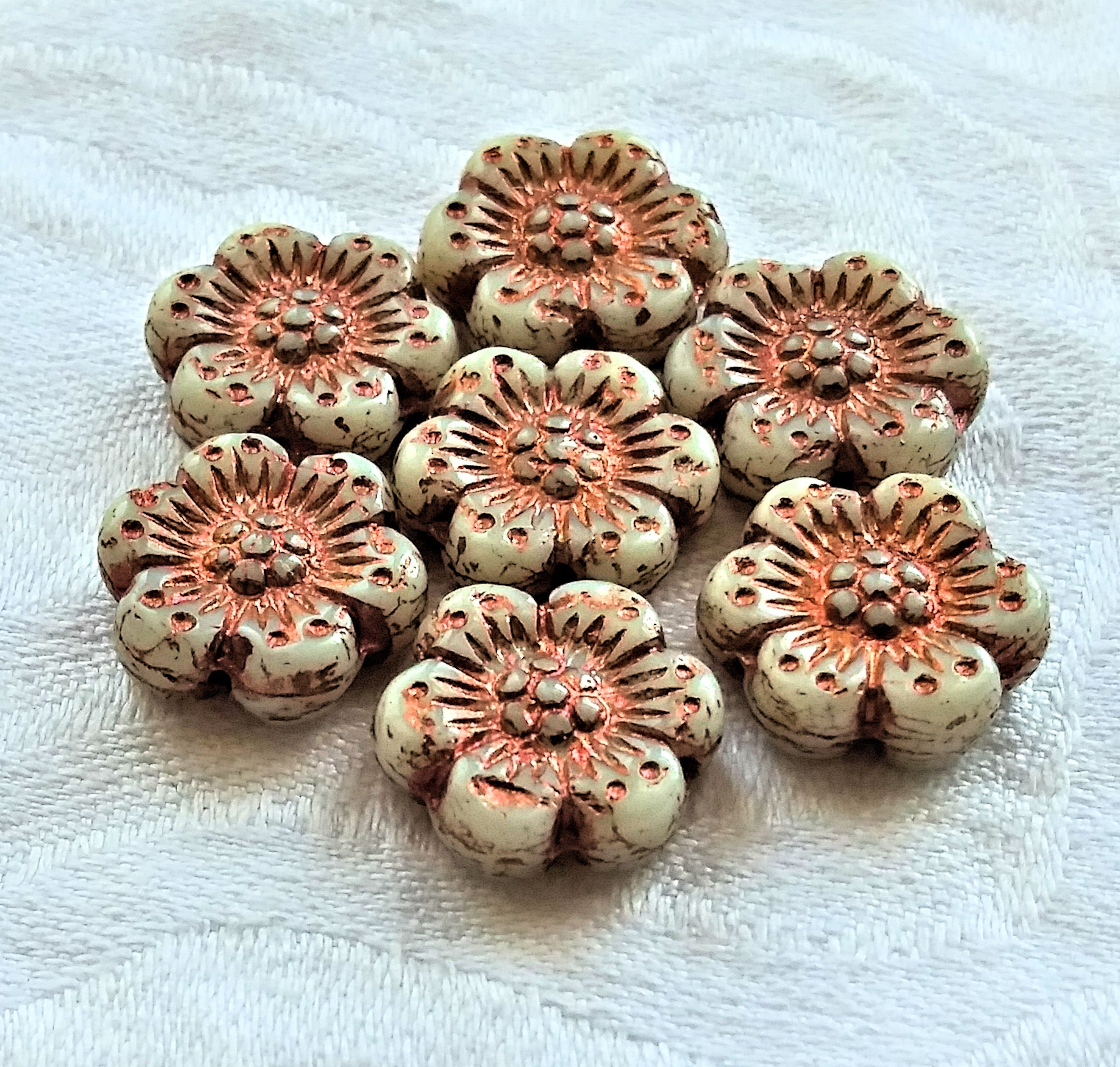 Twelve Czech glass wild rose flower beads - 14mm opaque off white floral beads with a copper wash C07105 - Glorious Glass Beads