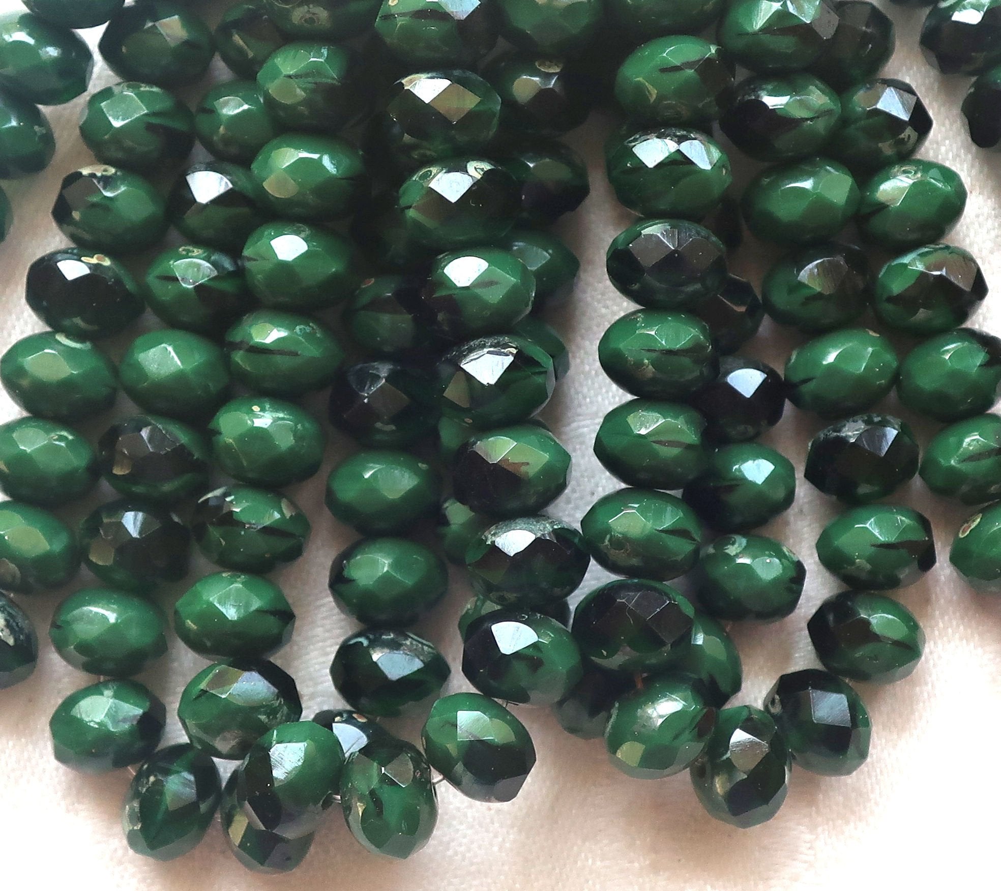 Lot of 25 Czech glass puffy rondelle beads, 8 x 6mm opaque marbled forest, hunter green picasso faceted rondelles 52301 - Glorious Glass Beads