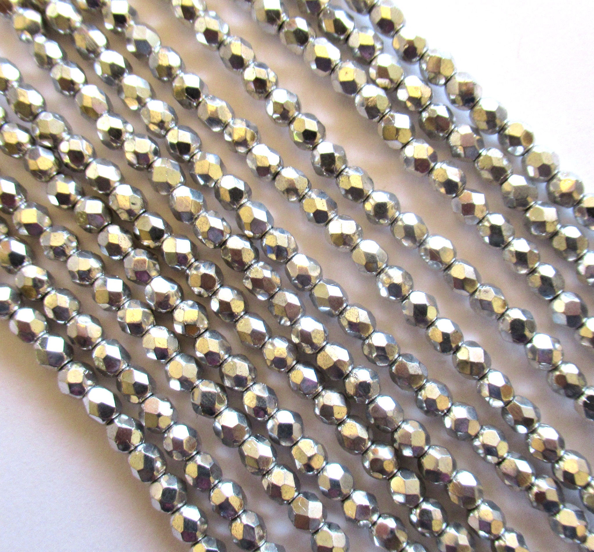 50 4mm metallic silver Czech glass beads - round, faceted fire polished beads C0027