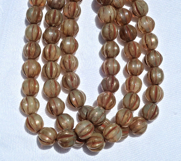 25 Czech 6mm glass melon beads, champagne picasso beads - earthy, rustic pressed glass beads C2701