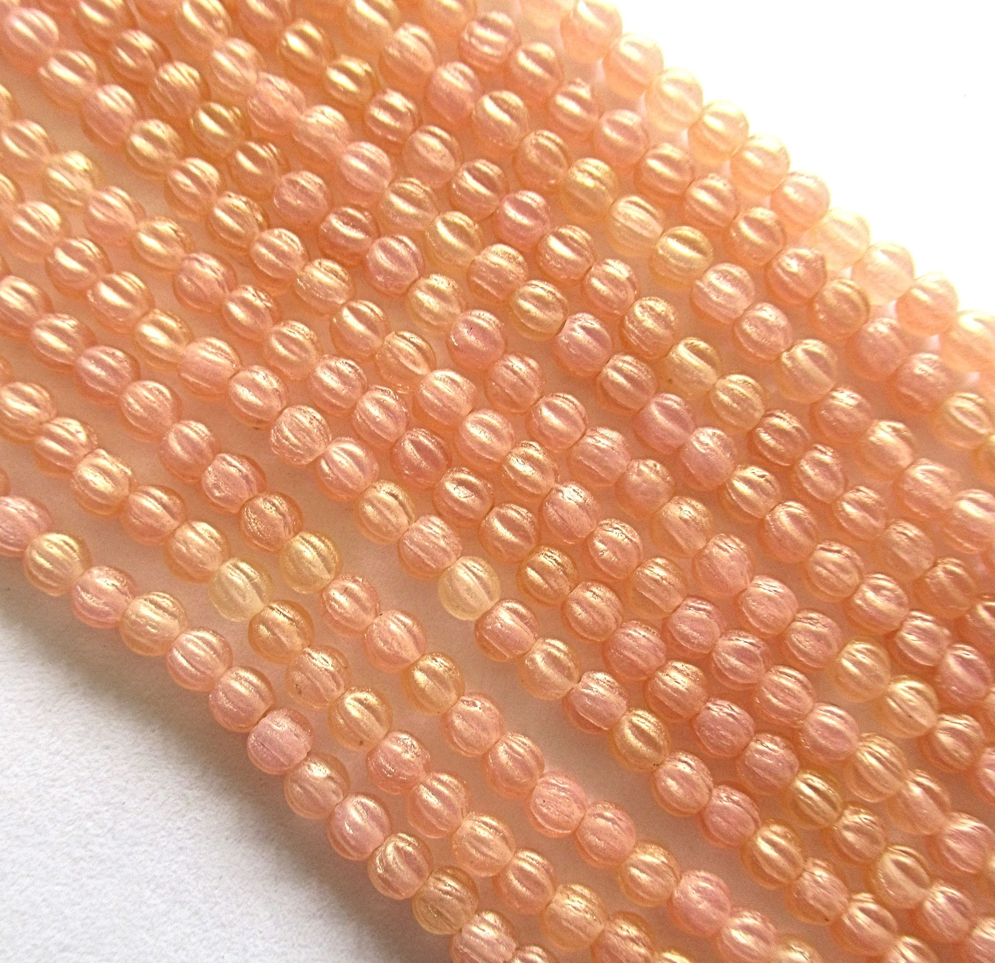 Lot of 100 3mm Czech glass melon beads - Sueded Gold Milky Pink pressed glass beads - C00401