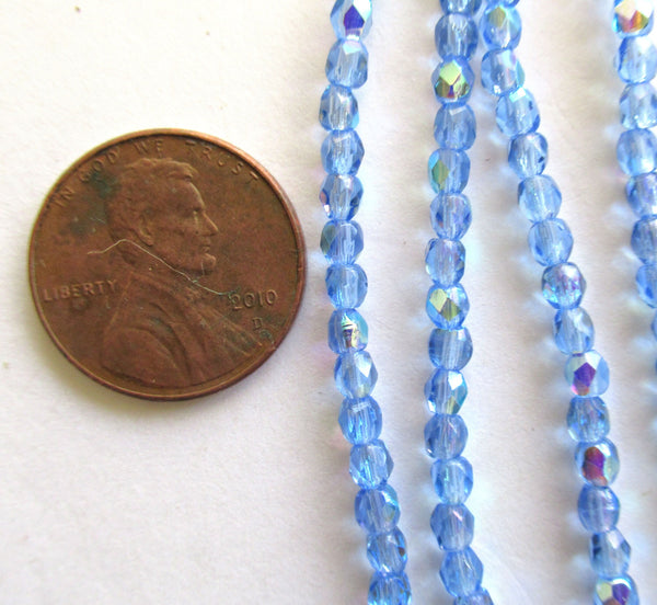 50 3mm Czech glass beads - Sapphire Blue AB fire polished faceted round beads - C0015