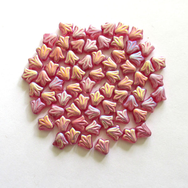 Lot of 25 8.5mm Czech glass flower beads - dusty rose pink ab pressed glass lily flower beads C00921