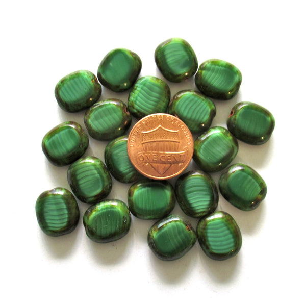 Six Czech glass oval beads - 14 x 12mm marbled silky forest green picasso table cut window beads - 00231