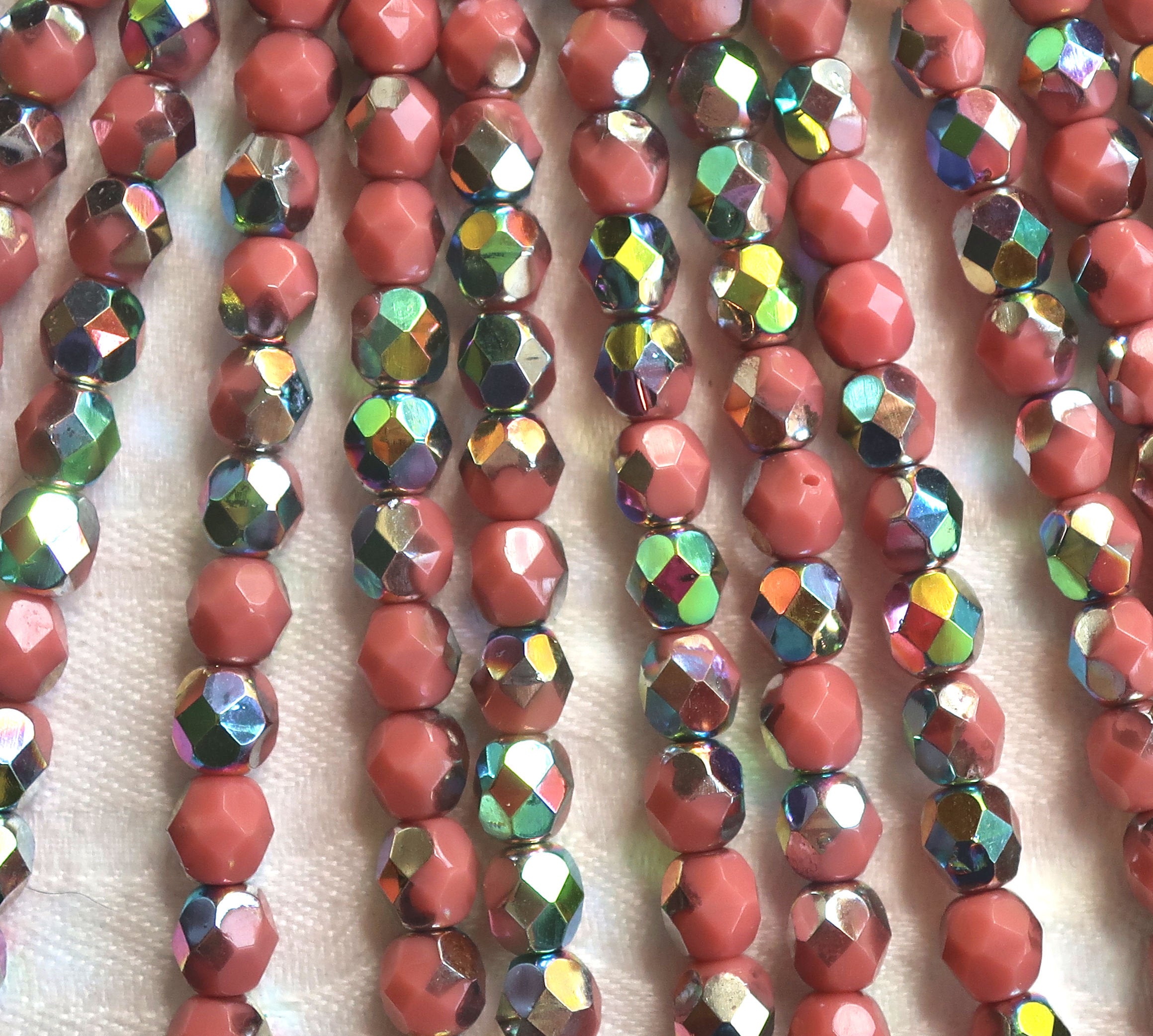 Lot of 25 6mm Czech glass beads, opaque pink vitral firepolished, faceted round beads, C8725 - Glorious Glass Beads