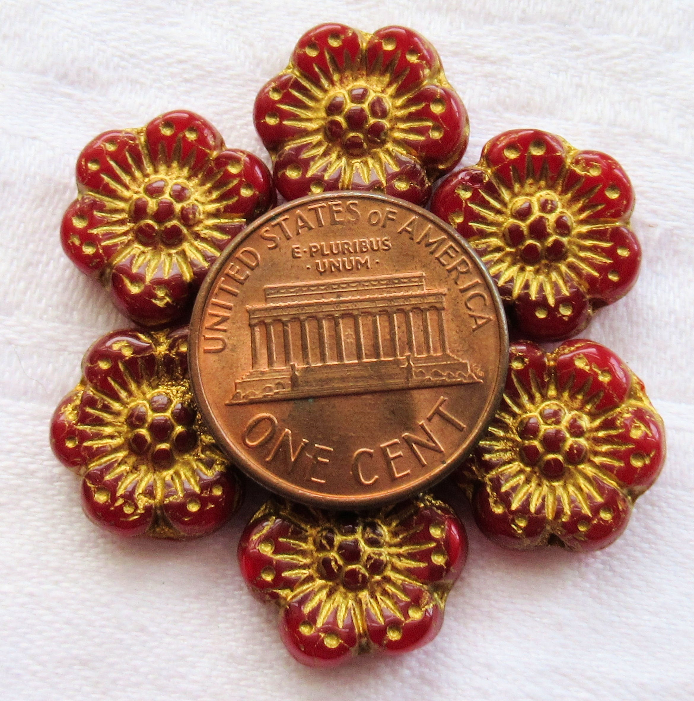 Twelve Czech glass wild rose flower beads - 14mm translucent red opaline floral beads with a gold wash C07105 - Glorious Glass Beads