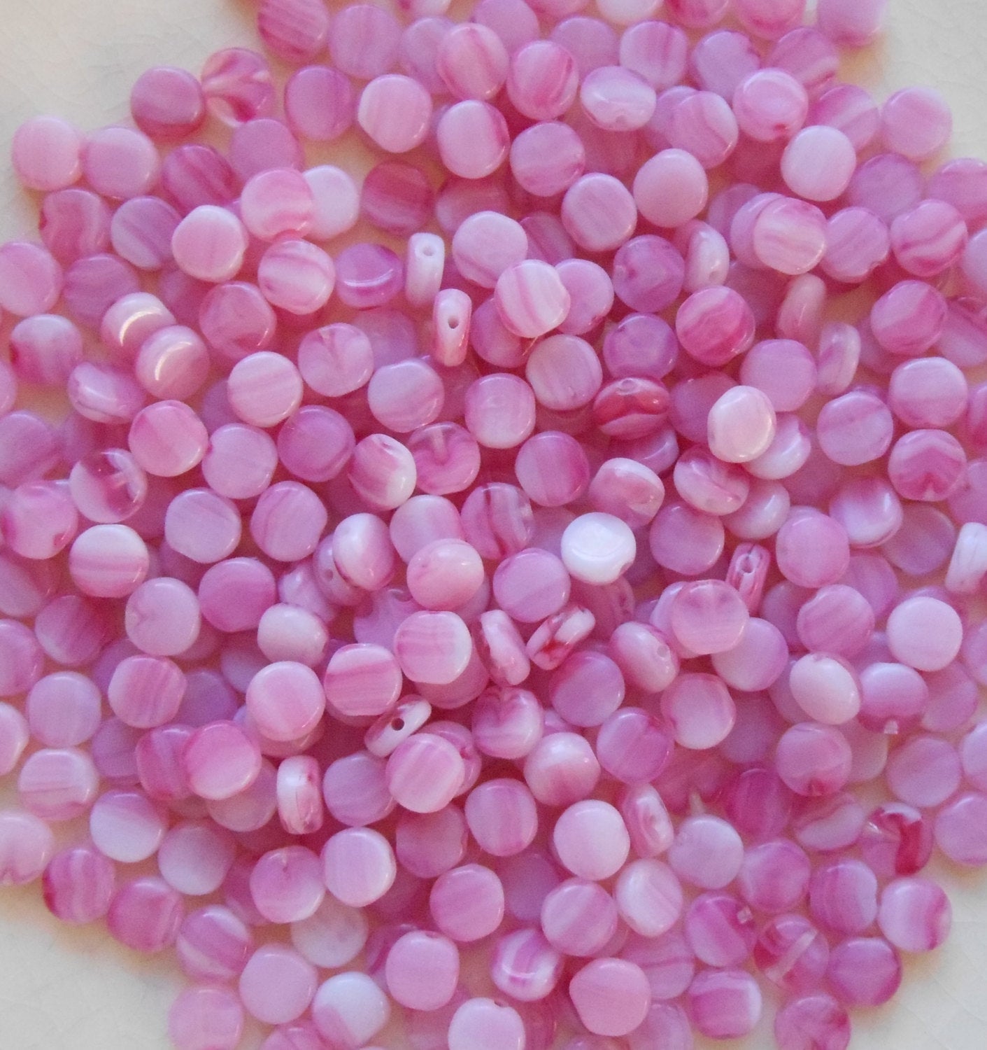50 6mm Czech glass flat round milky rose beads, pink and white swirl little coin or disc beads C5750 - Glorious Glass Beads