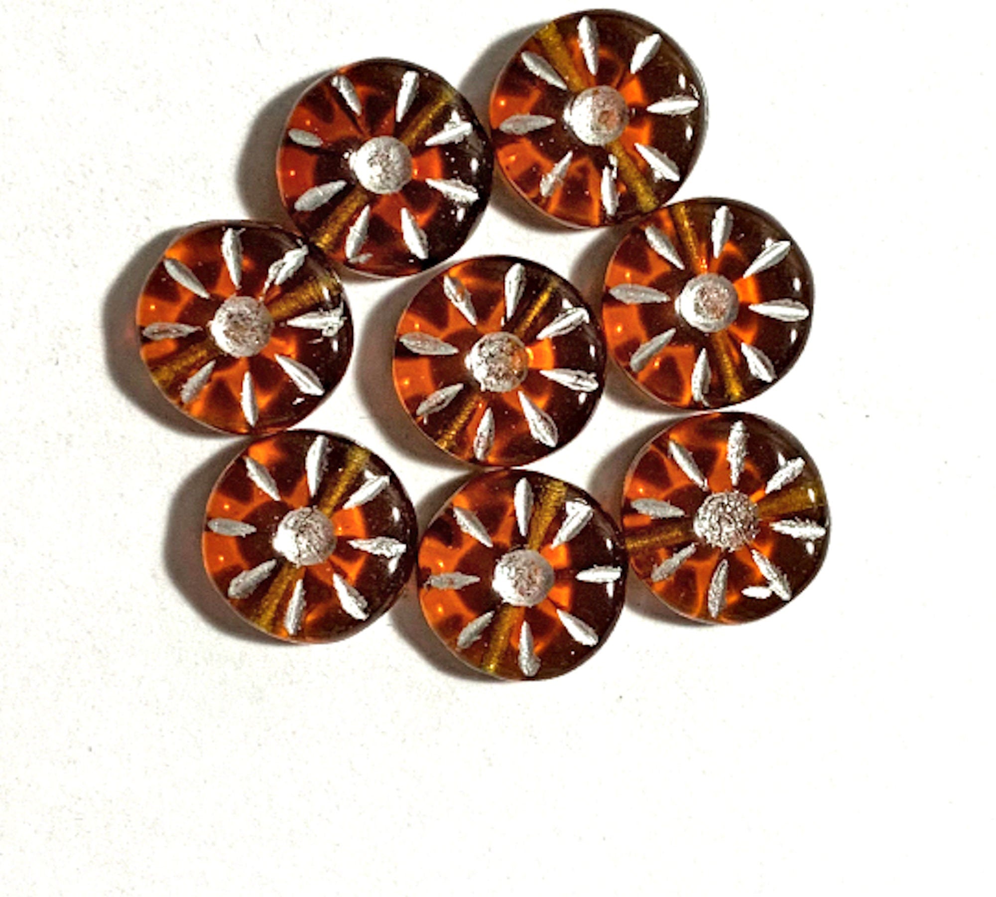 Eight 12mm Czech glass flower beads - round, carved, topaz or amber daisy, coin, disc or wheel beads w/ silver accents C0088