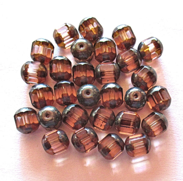 Ten Czech glass faceted cathedral or barrel beads six sides - 10mm fire polished transparent pink beads w/ picasso finish on the ends C0056