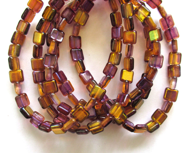 Lot of 30 8mm one hole flat square Czech glass beads - orange and purple beads with an iridescent AB finish C0085
