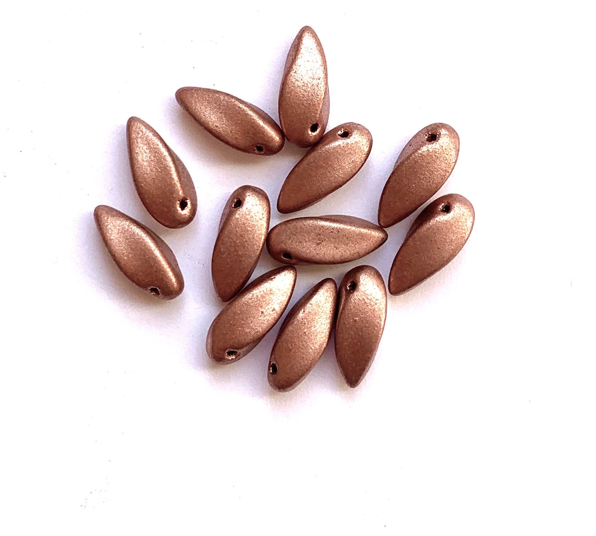 20 Czech glass twisted teardrop, petal or dagger beads - top drilled 6 x 12mm matte metallic copper pressed glass beads C0038
