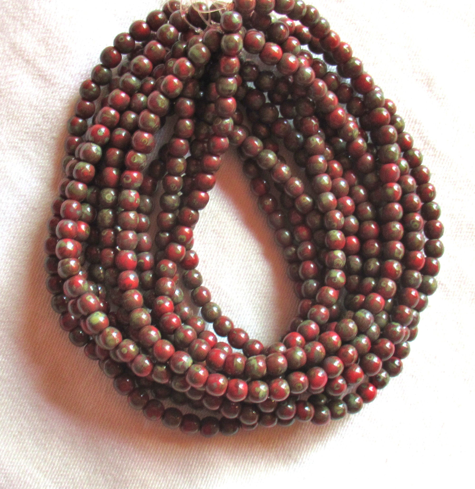 50 4mm Czech glass red picasso druk beads - earth tones - opaque red beads with a full picasso coat - earthy rustic smooth round druks