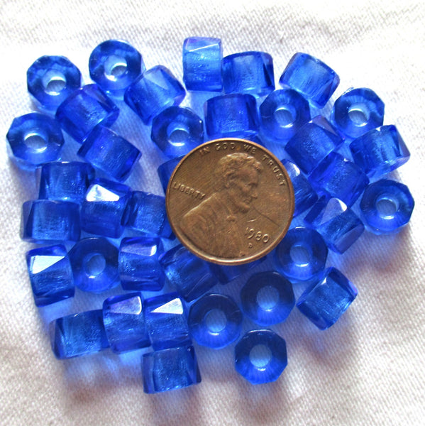 Lot of 25 9mm faceted Czech glass pony or roller beads - transparent sapphire blue large hole beads
