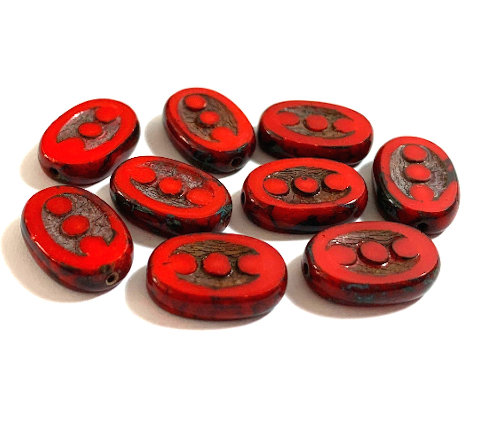 Ten 14 x 10mm rustic oval opaque red picasso, table cut, Czech glass beads with dots front and back C0001