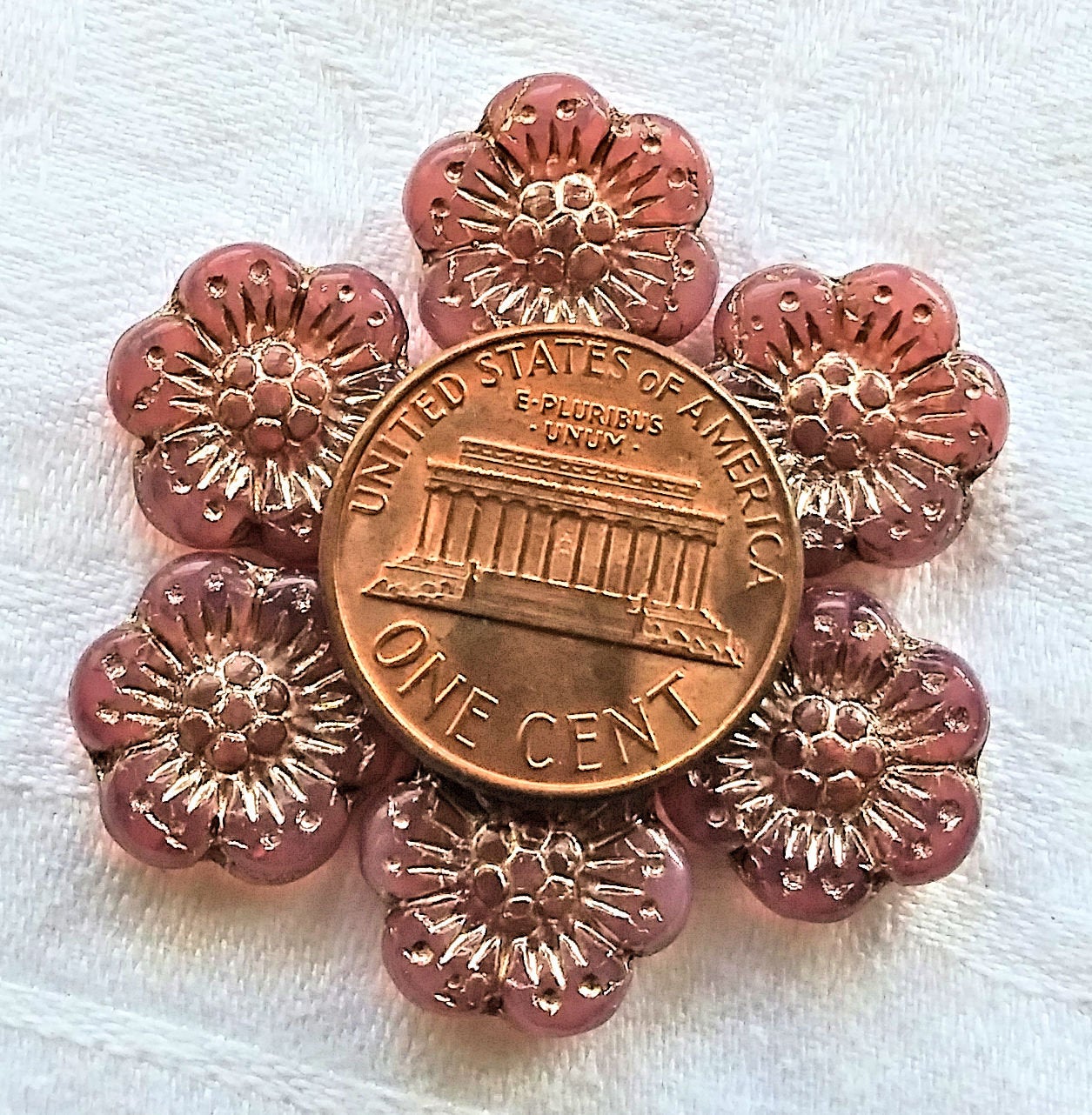 Twelve Czech glass wild rose flower beads - 14mm translucent milky pink opaline floral beads with a platinum wash C01201 - Glorious Glass Beads