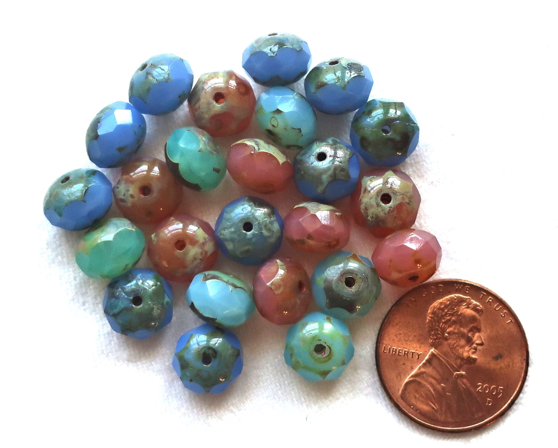 25 Czech glass faceted puffy rondelles, 6 x 8mm translucent pink. blue & aqua picasso color assortment, sale price rondelle beads, 51101 - Glorious Glass Beads