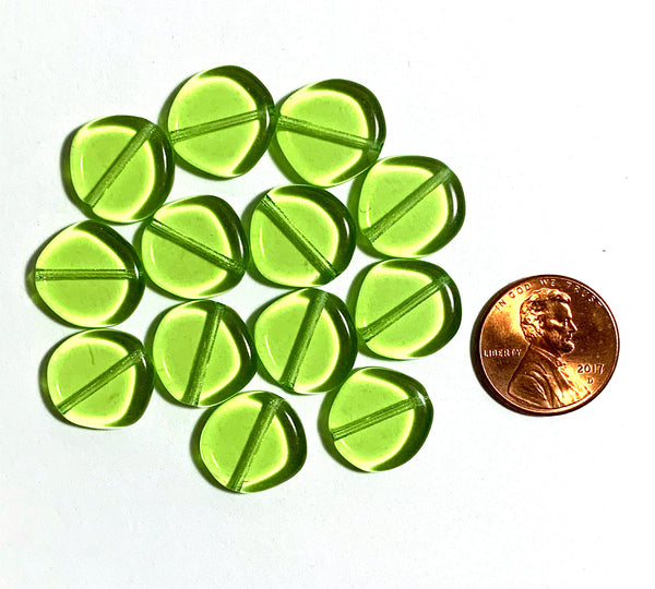 Ten 15mm Czech glass asymmetrical coin or disc beads - Peridot green beads - C0084