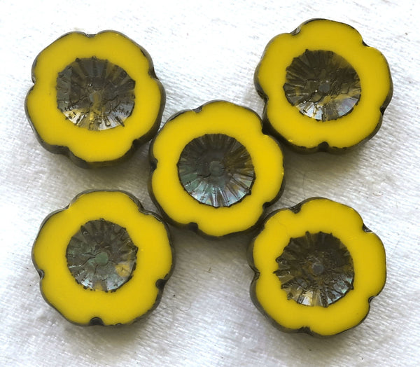 Lot of five 14mm Czech glass flower beads, table cut, carved, opaque, orangy yellow floral beads with brown picasso accents C00101