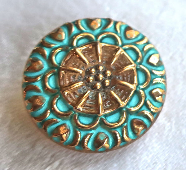 One 18mm Czech glass button, gold patterened button with a turquoise wash, verdigris look, decorative shank buttons 05201 - Glorious Glass Beads
