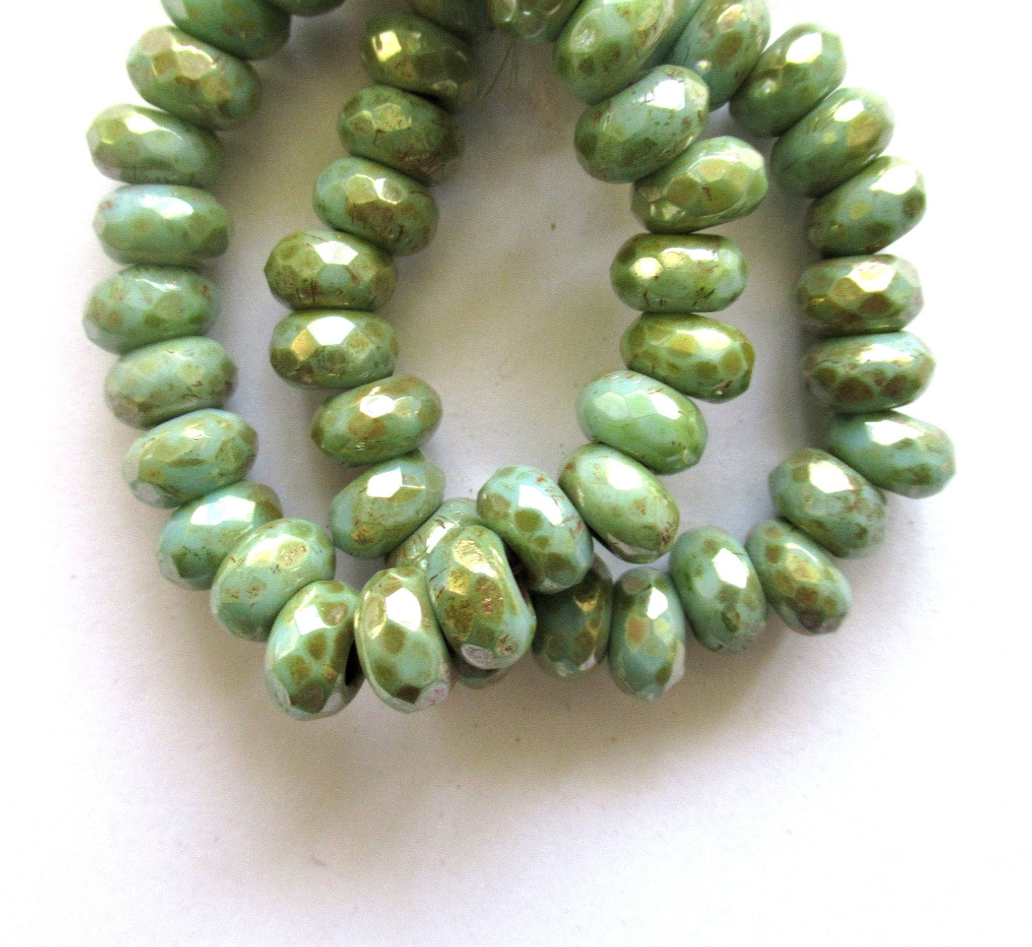 Ten 6 x 9mm turquoise green picasso Czech glass beads, faceted round roller, rondelle beads - big 3.5mm hole beads C0441