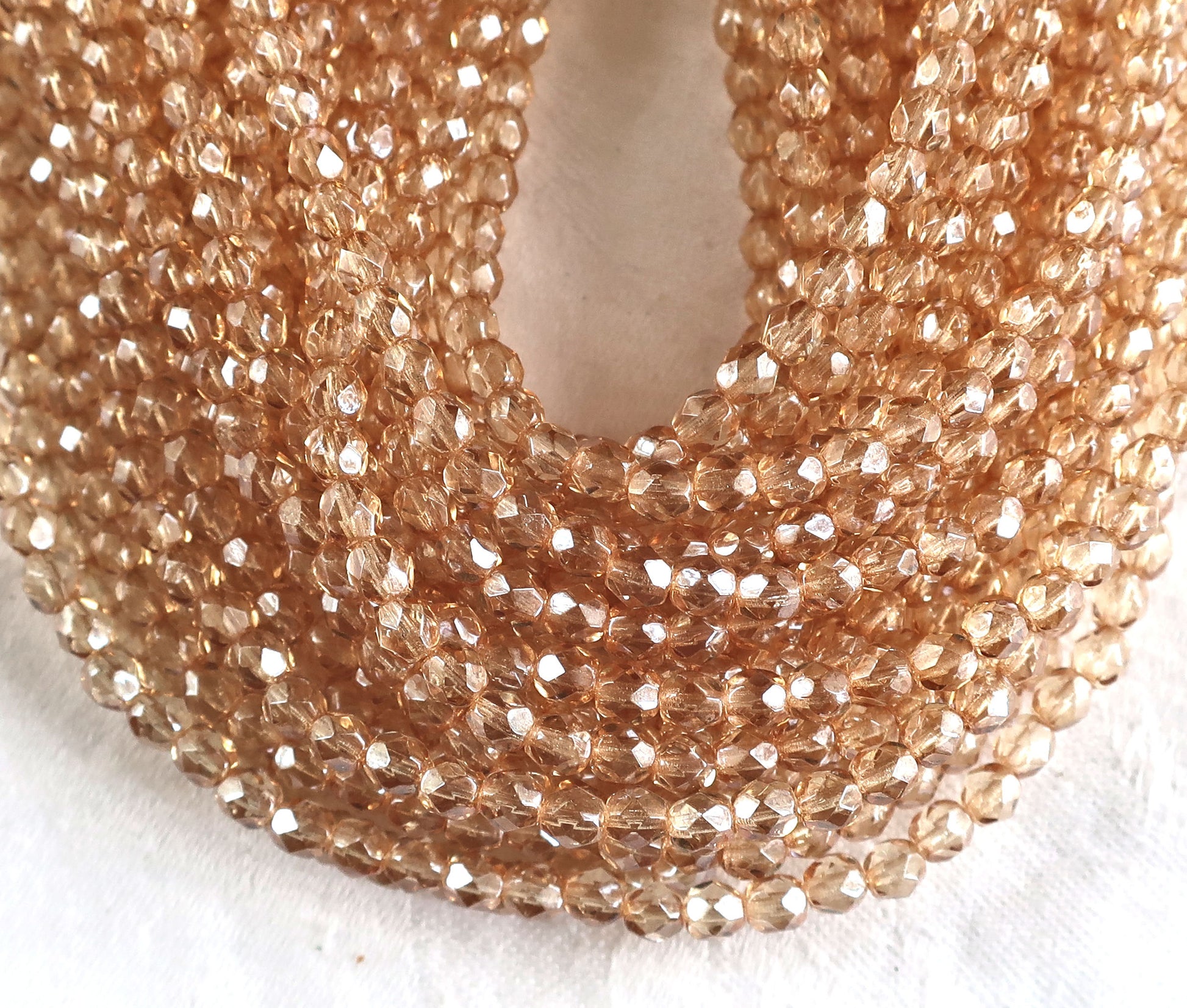 Lot of 50 4mm Transparent Luster Champagne Czech glass beads, neutral firepolished faceted round beads C5550 - Glorious Glass Beads