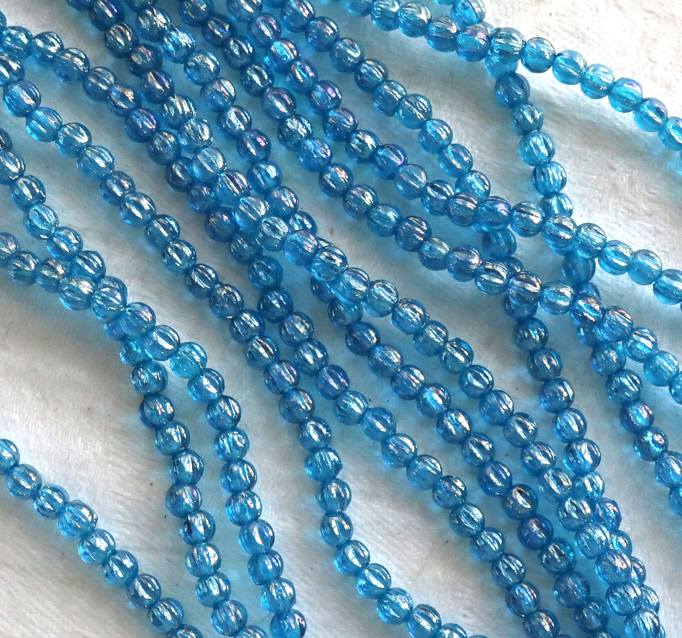 Lot of 100 3mm Czech glass melon beads, Luster Iris Capri Blue pressed glass beads C53150 - Glorious Glass Beads