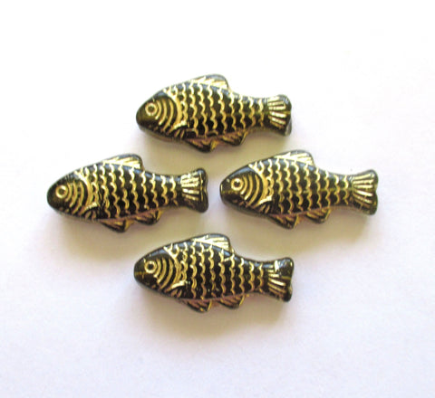 lot of 4 large Czech glass fish beads - 25 x 14mm transparent smoky quartz or gray fish with a gold wash - C0057