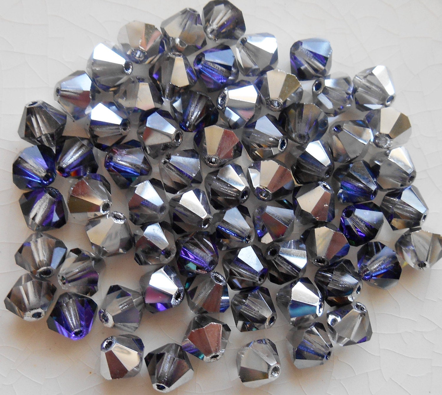 Lot of 24 6mm Crystal Heliotrope AB Czech Preciosa Crystal bicone beads, faceted silver, blue violet bicones C7801