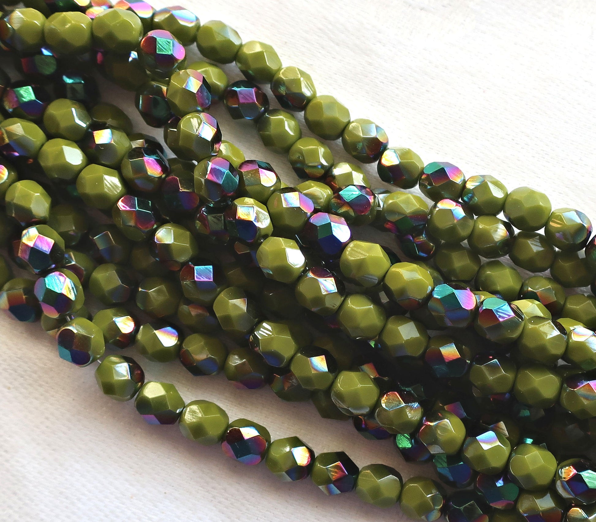 Lot of 25 6mm Opaque Olive Vitral Czech glass beads, olive green firepolished, faceted round beads with a vitral finish, C6525 - Glorious Glass Beads